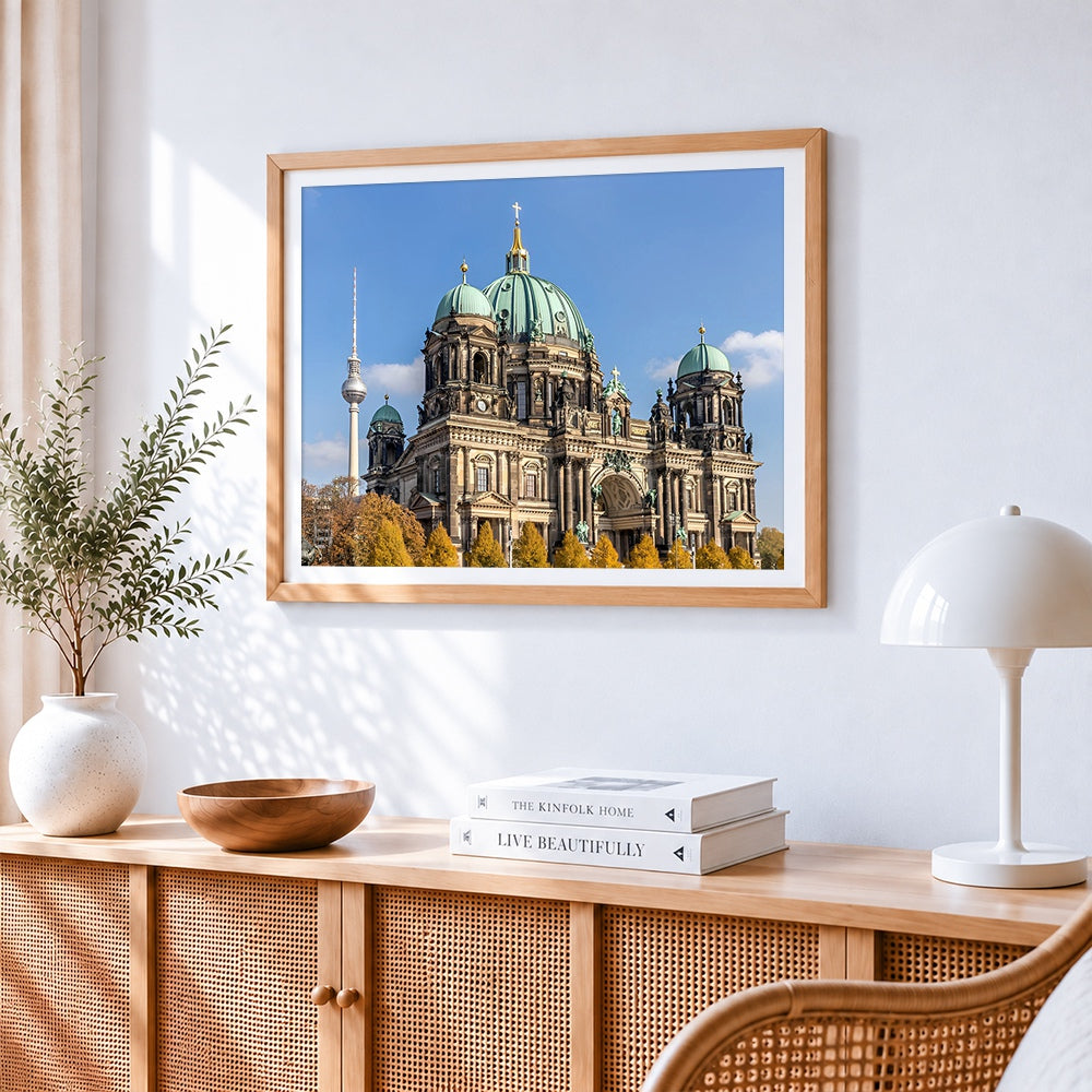 Berlin cathedral and TV tower cross stitch artwork displayed on wall as home decor
