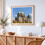 Berlin cathedral and TV tower cross stitch artwork displayed on wall as home decor