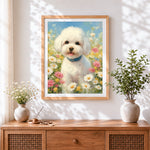 Finished bichon frise in wildflowers cross stitch artwork displayed