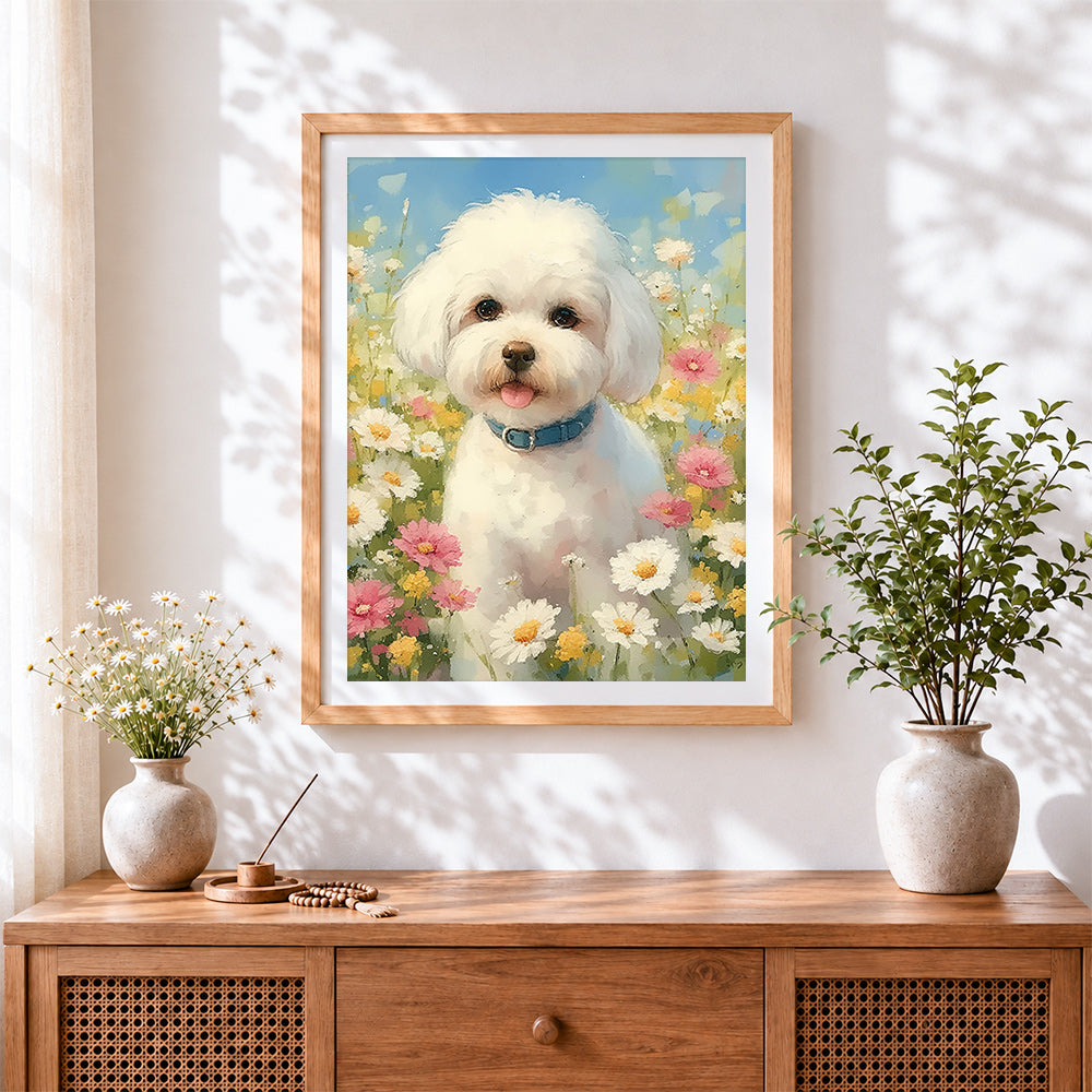 Finished bichon frise in wildflowers cross stitch artwork displayed