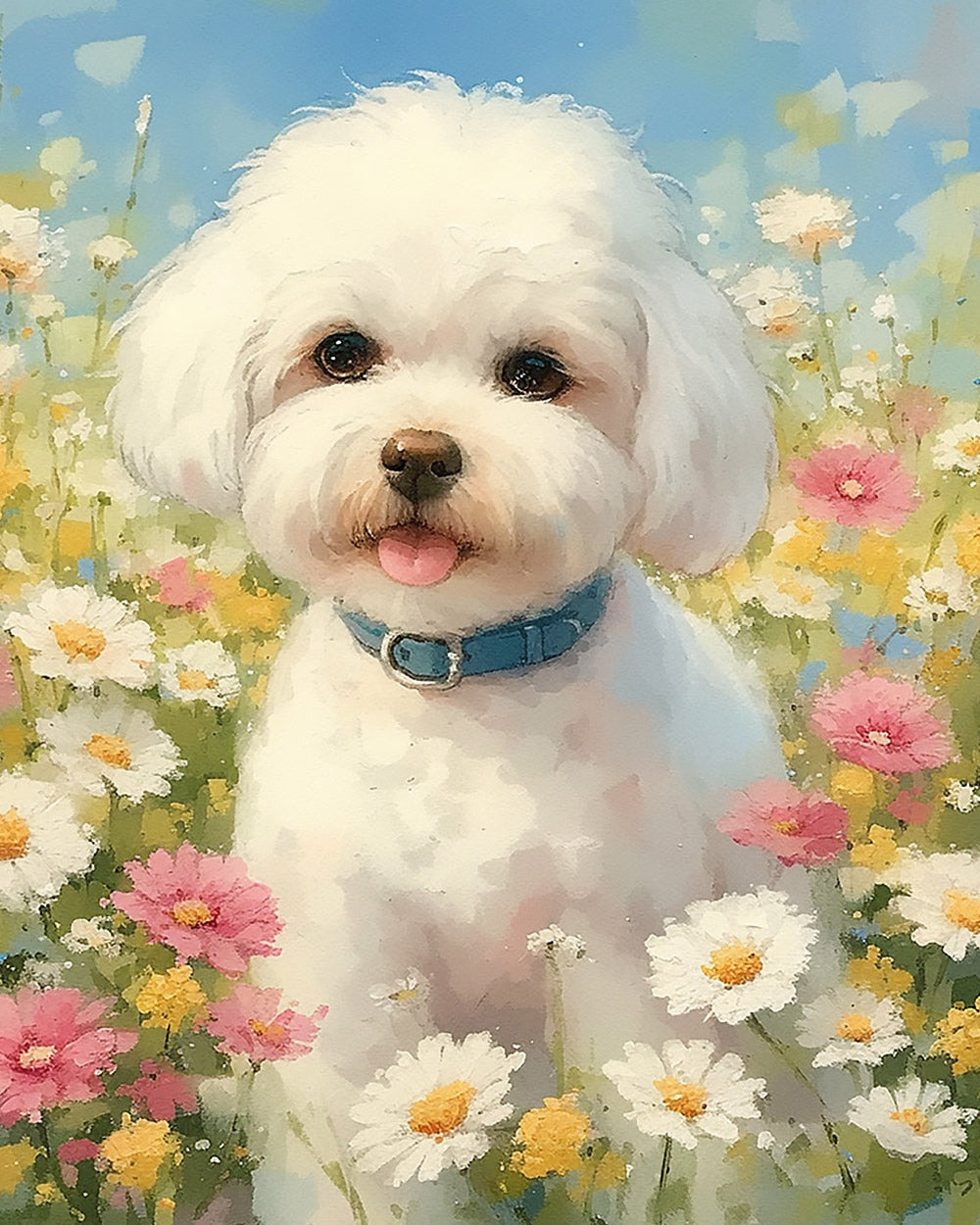 Bichon frise in wildflowers cross stitch kit for beginners
