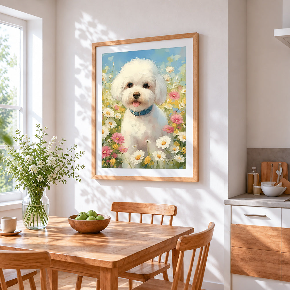 Bichon frise in wildflowers paint by numbers artwork displayed on wall as home decor