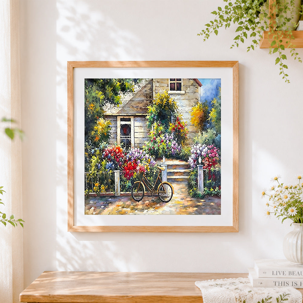 Finished bicycle in the cottage garden cross stitch artwork displayed