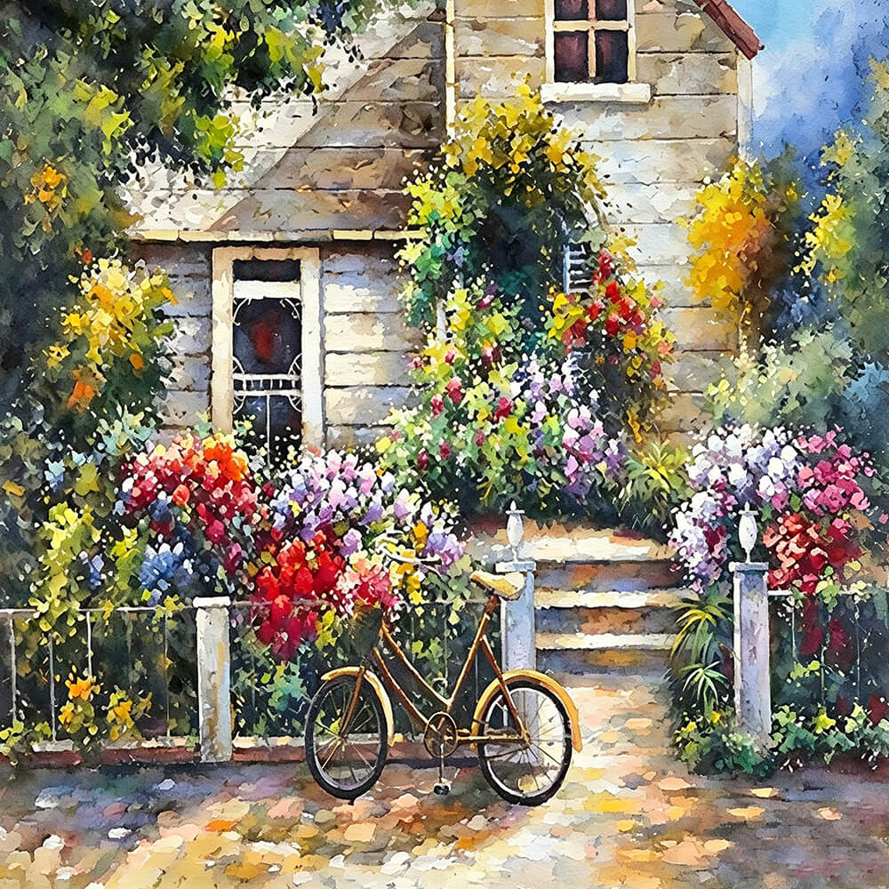 Bicycle in the cottage garden cross stitch kit for beginners