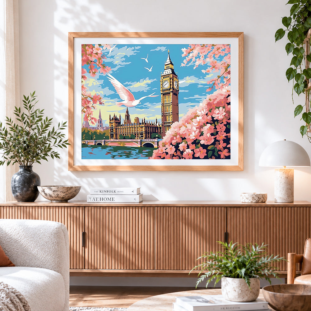 Finished big ben and cherry blossom cross stitch artwork displayed