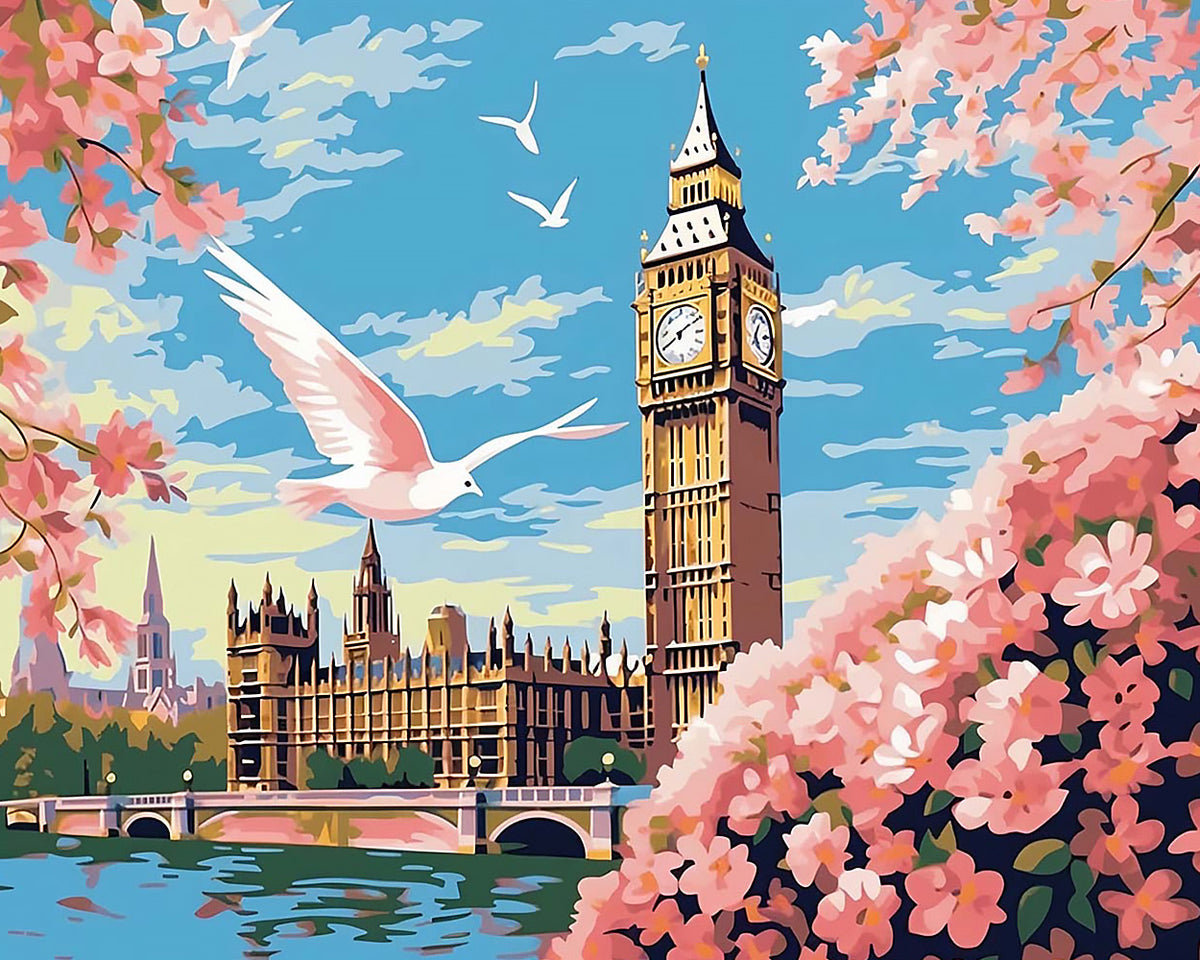 Big ben and cherry blossom paint by numbers kit for beginners