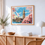 Big ben and cherry blossom paint by numbers artwork displayed on wall as home decor