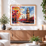 Finished big ben and falling leaves cross stitch artwork displayed