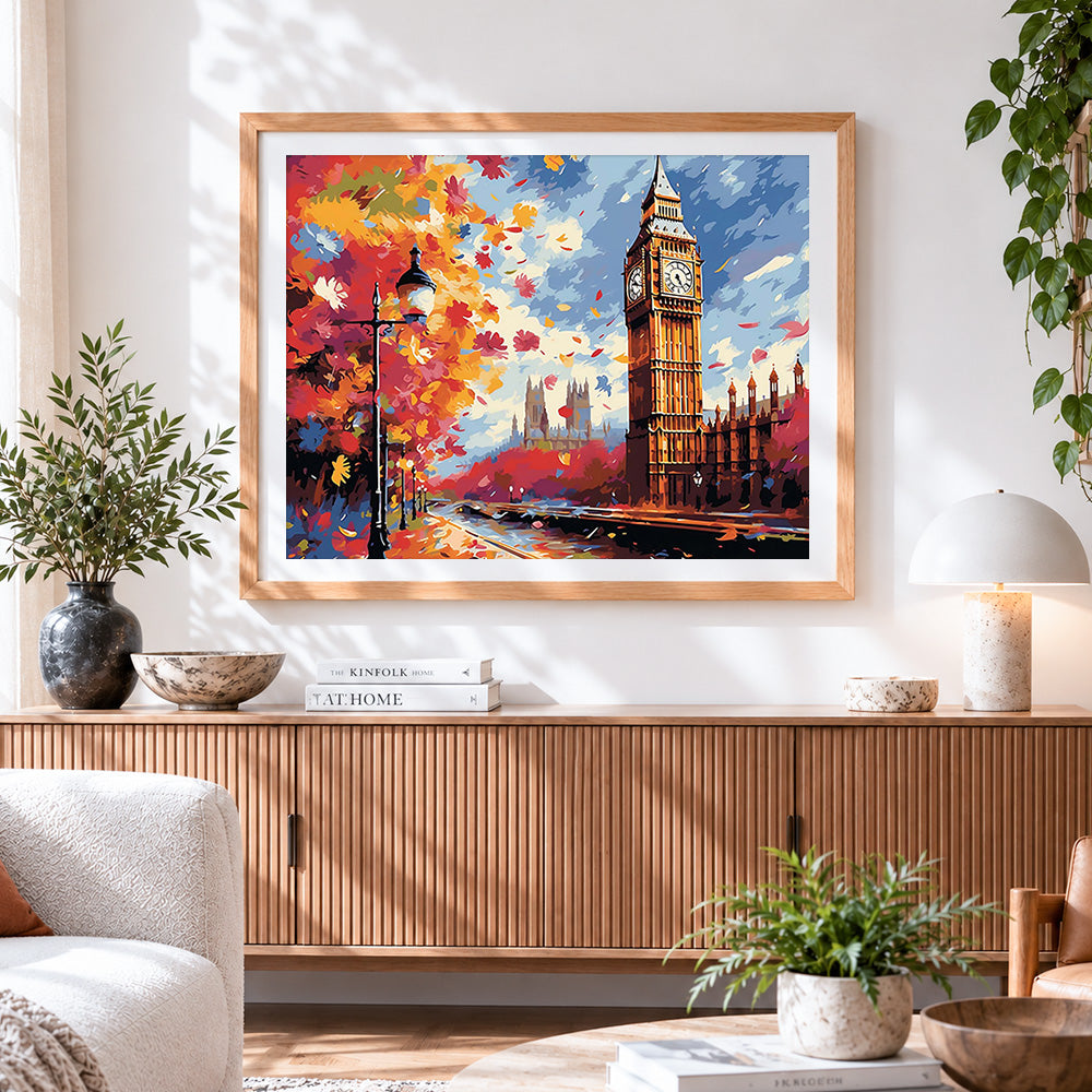 Finished big ben and falling leaves paint by numbers artwork displayed as home decor