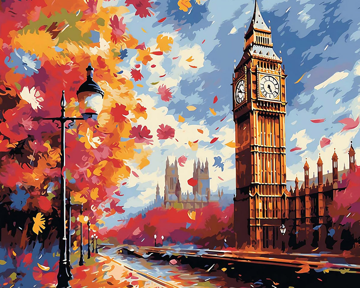 Big ben and falling leaves paint by numbers kit for beginners