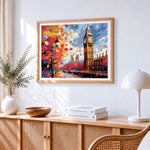 Big ben and falling leaves paint by numbers artwork displayed on wall as home decor