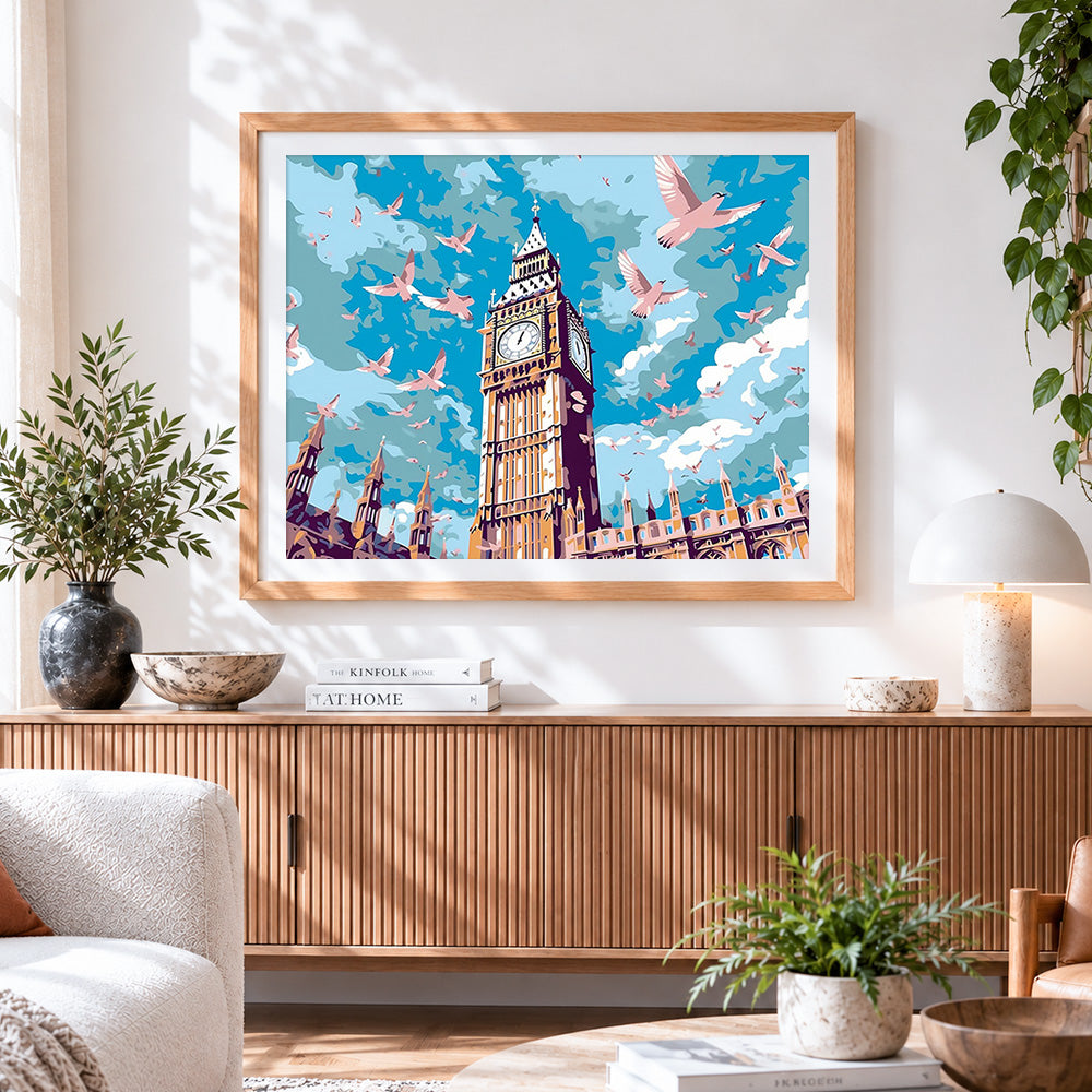 Finished big ben and flying doves cross stitch artwork displayed