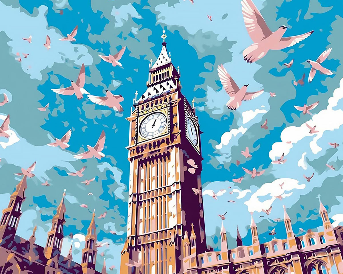 Big ben and flying doves cross stitch kit for beginners