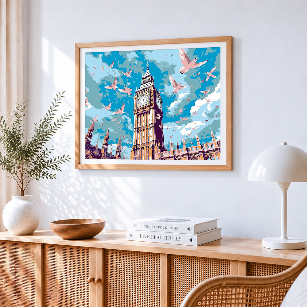 Big ben and flying doves paint by numbers artwork displayed on wall as home decor