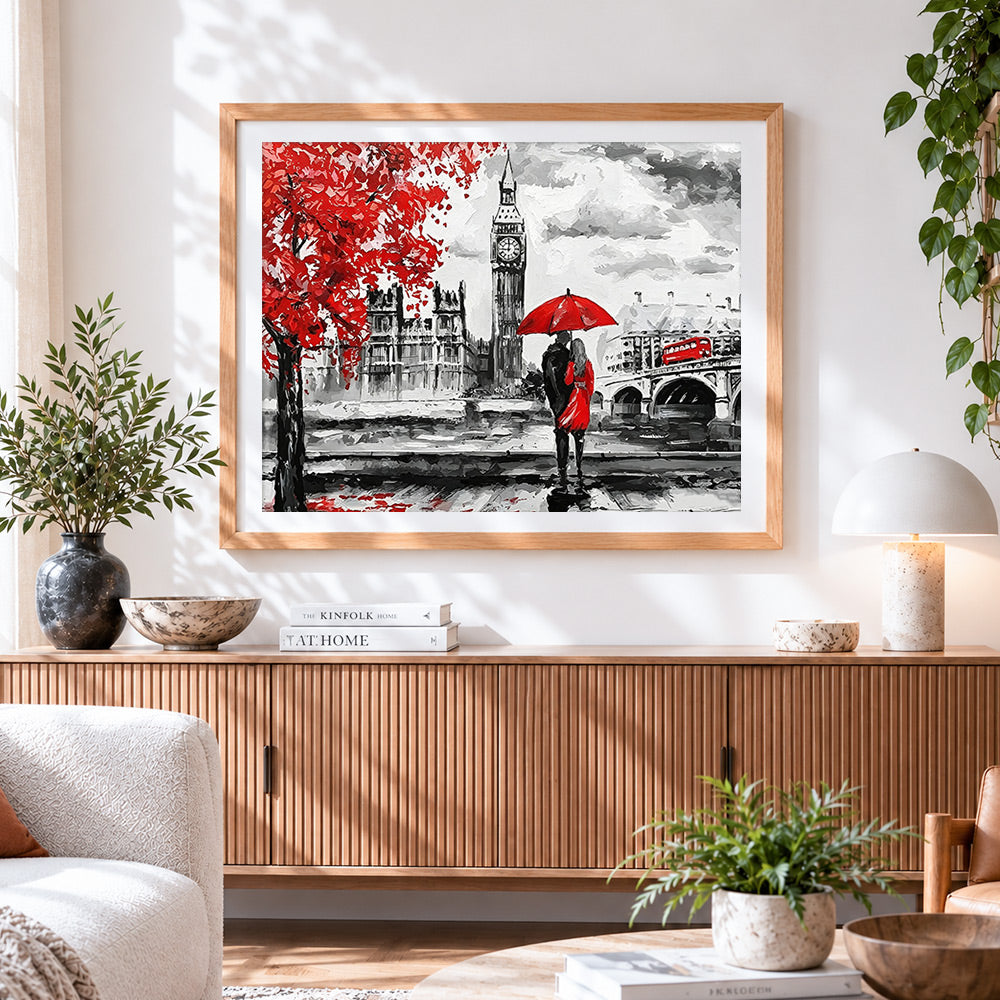 Finished big ben and lovers in london paint by numbers artwork displayed as home decor