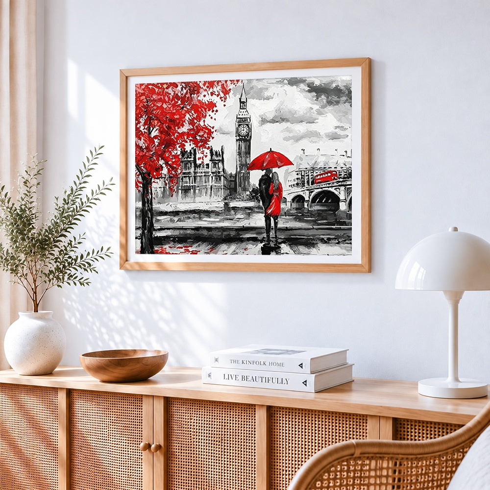 Big ben and lovers in london paint by numbers artwork displayed on wall as home decor
