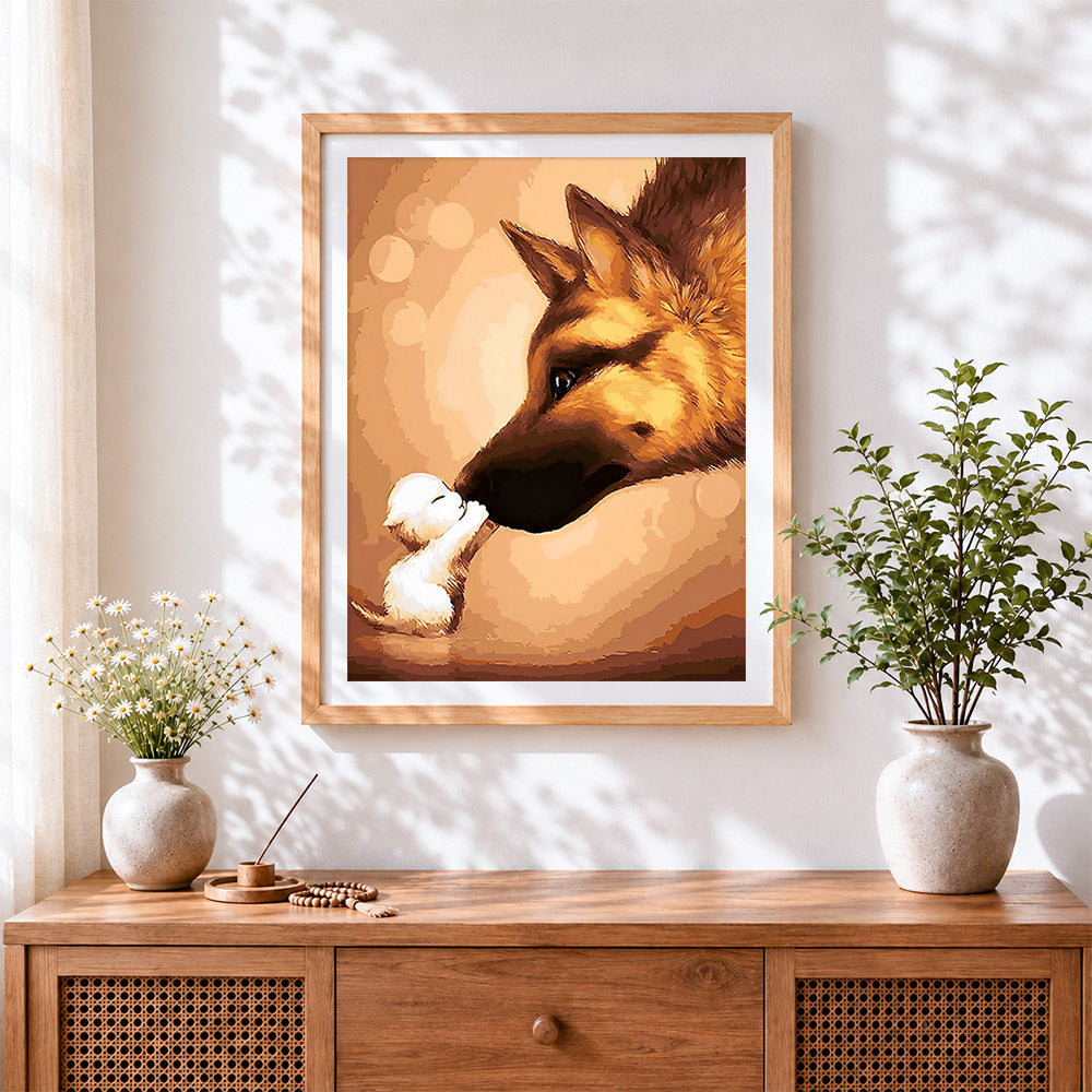 Finished big dog and little puppy cross stitch artwork displayed