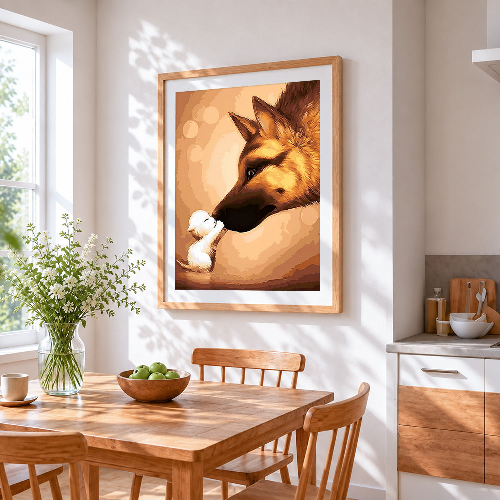 Big dog and little puppy cross stitch artwork displayed on wall as home decor