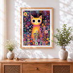 Finished big eyed yellow cat and flowers cross stitch artwork displayed