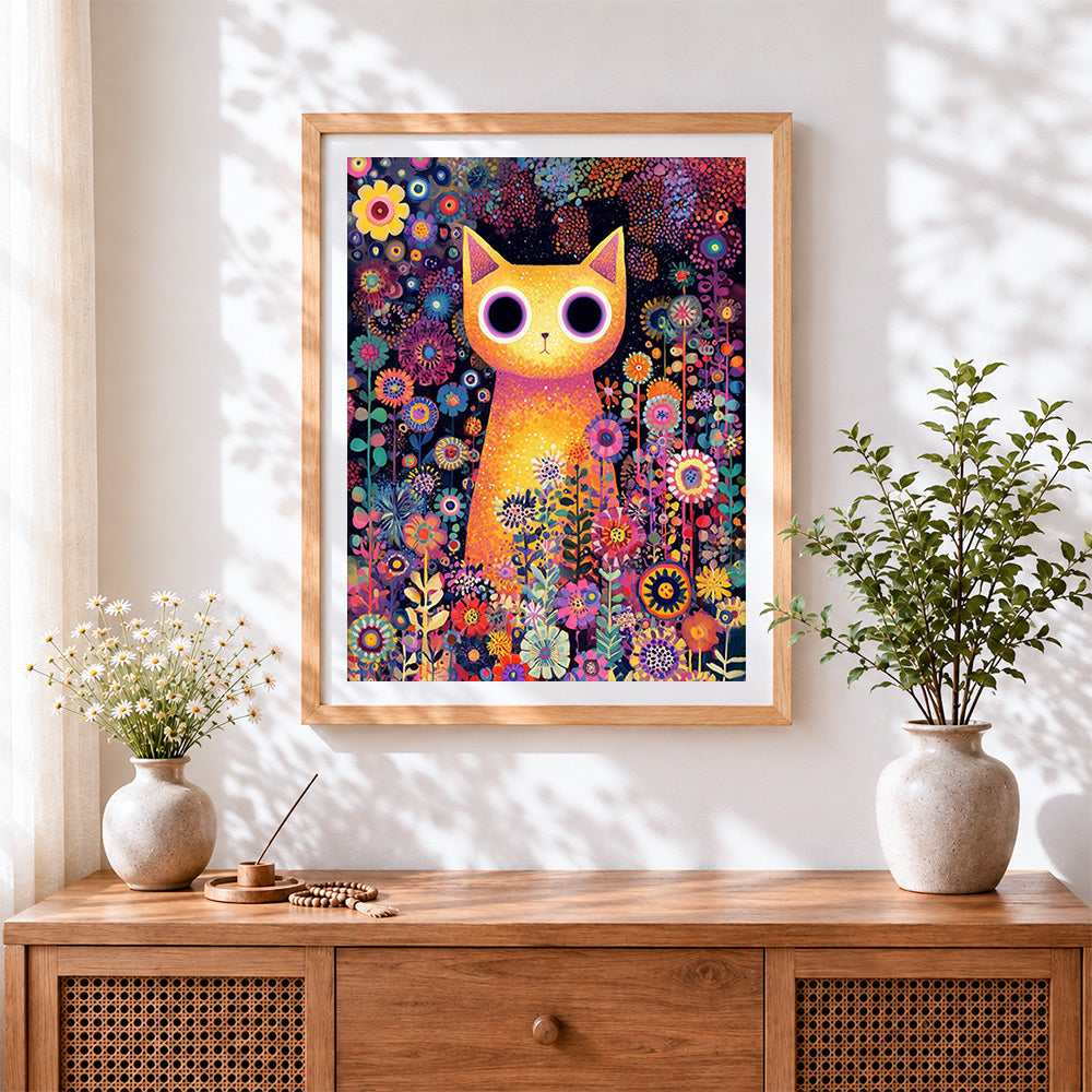 Finished big eyed yellow cat and flowers cross stitch artwork displayed