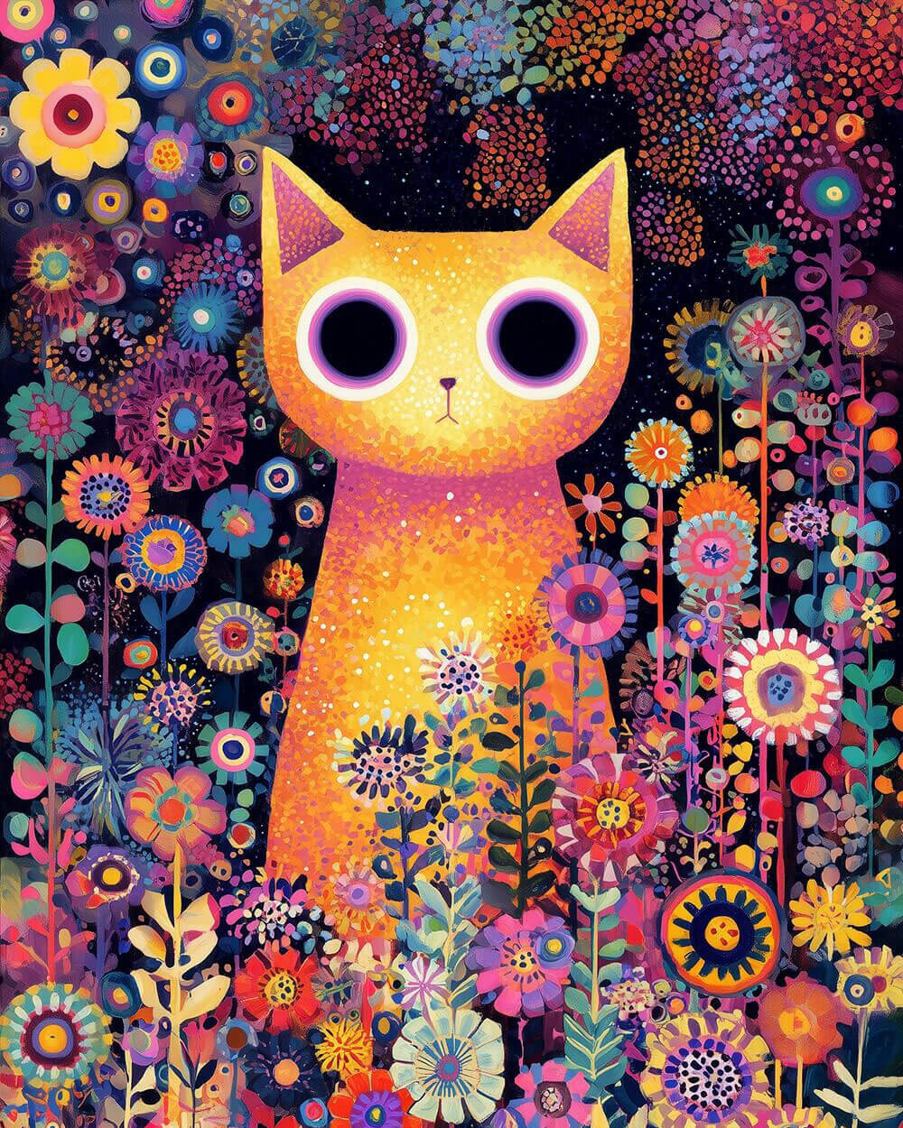 Big eyed yellow cat and flowers cross stitch kit for beginners