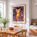 Big eyed yellow cat and flowers cross stitch artwork displayed on wall as home decor