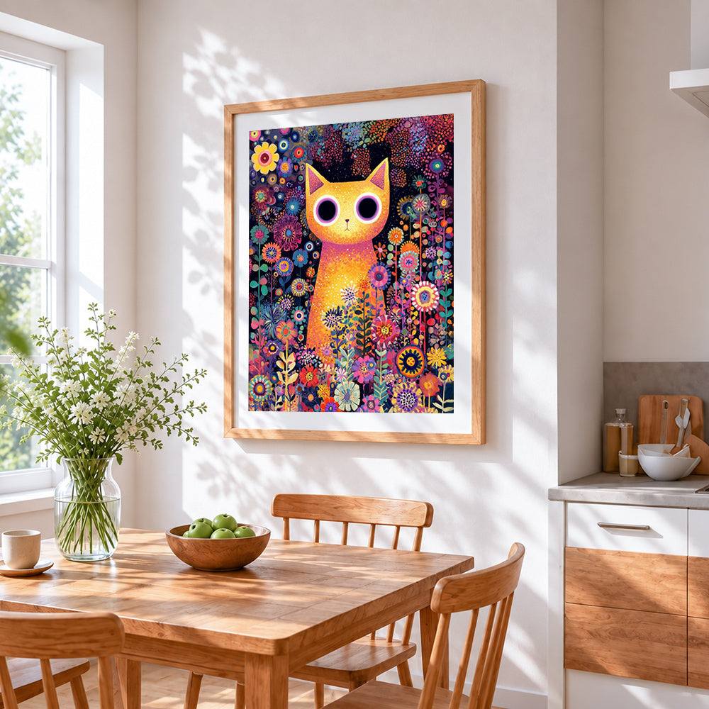 Big eyed yellow cat and flowers cross stitch artwork displayed on wall as home decor