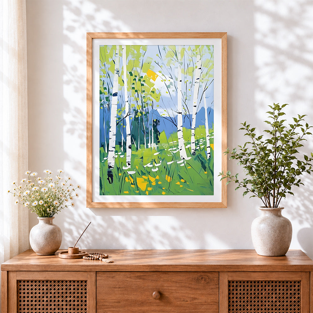 Finished birch trees and wildflowers cross stitch artwork displayed