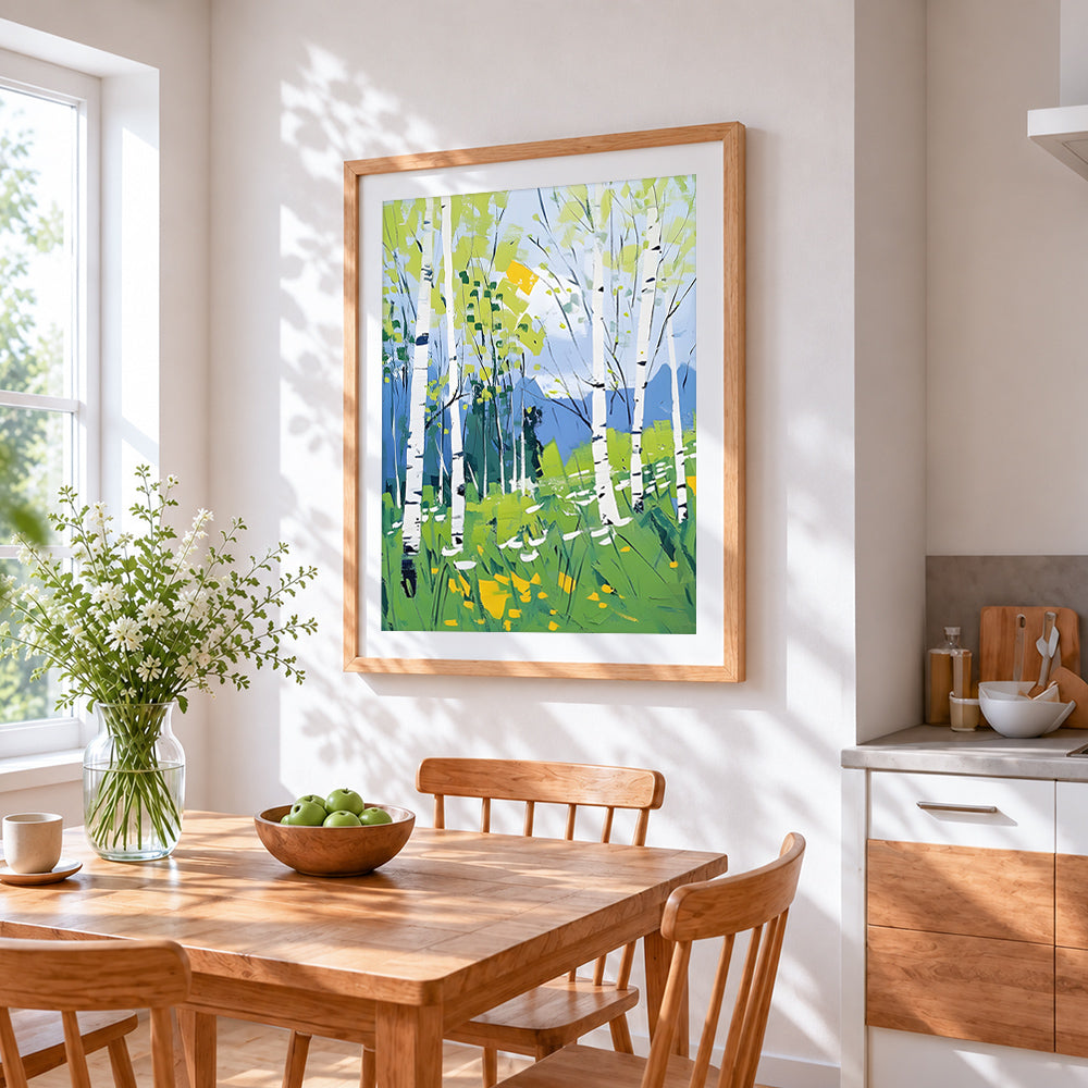 Birch trees and wildflowers cross stitch artwork displayed on wall as home decor