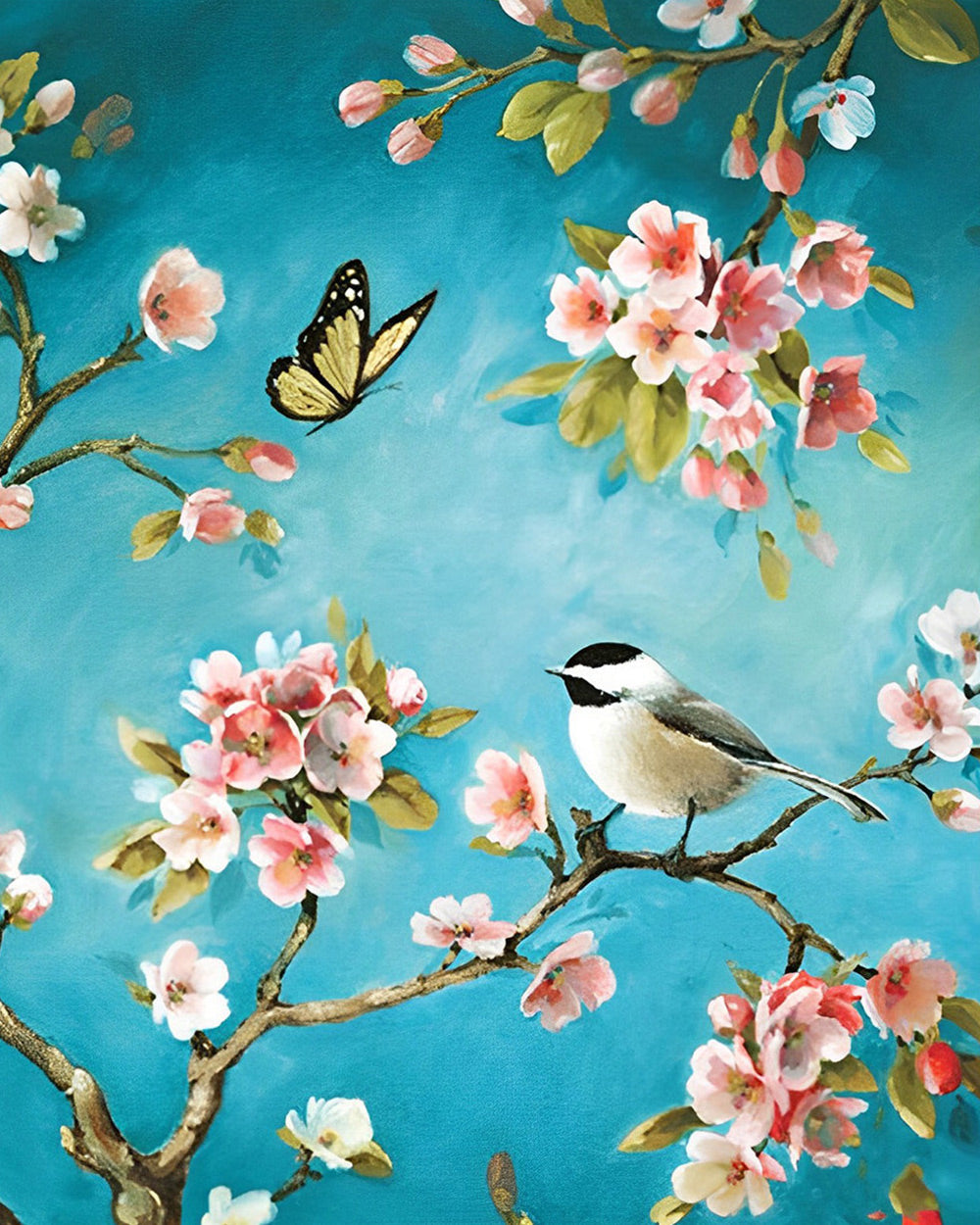 Bird and butterfly on blossom branch cross stitch kit for beginners