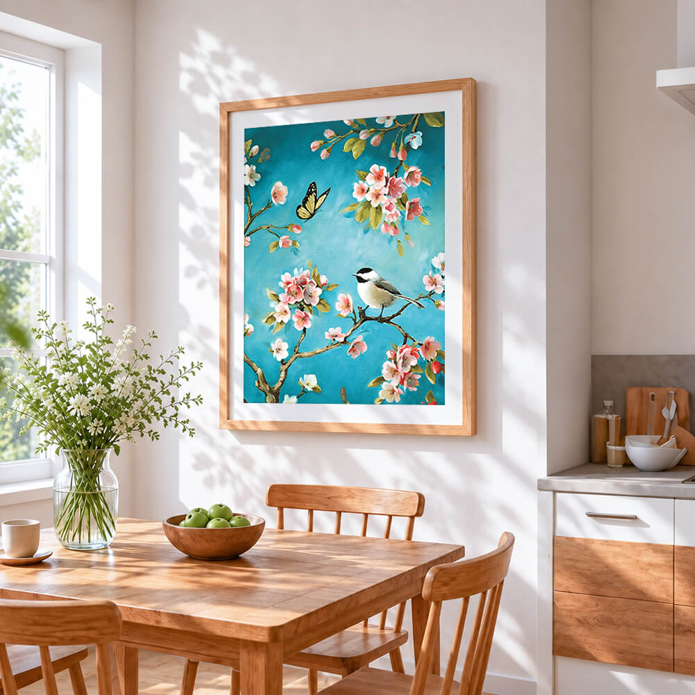 Bird and butterfly on blossom branch cross stitch artwork displayed on wall as home decor