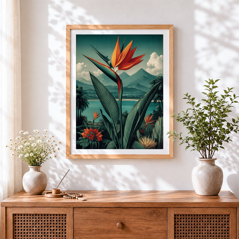 Finished bird of paradise and tropical landscape cross stitch artwork displayed