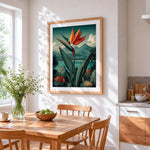 Bird of paradise and tropical landscape cross stitch artwork displayed on wall as home decor