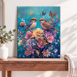 Finished birds and blossoms pearl diamond painting artwork displayed as home decor