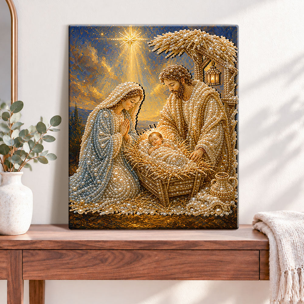 Finished birth of holy family pearl diamond painting artwork displayed as home decor
