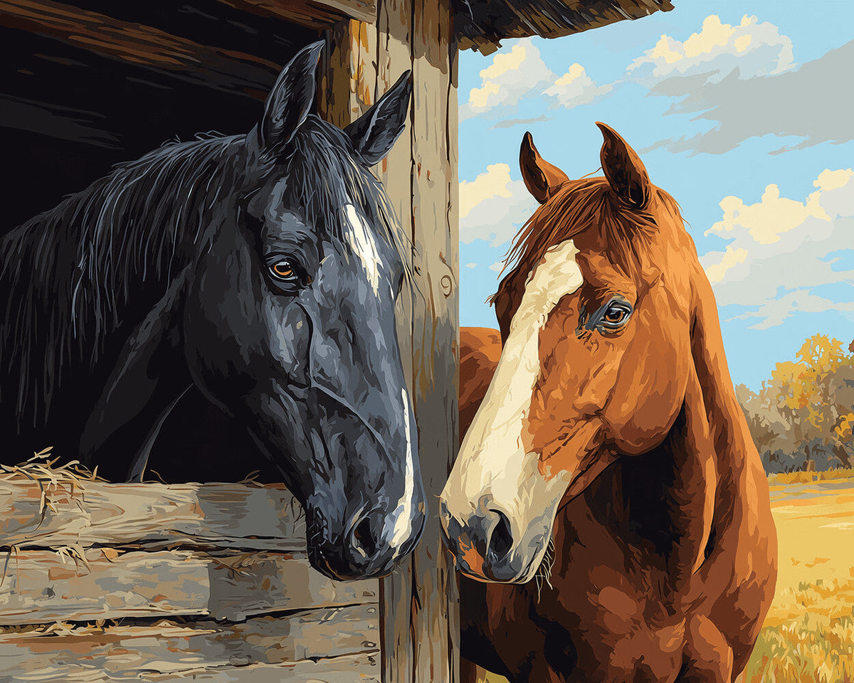 Black and brown horses in a stable cross stitch kit for beginners