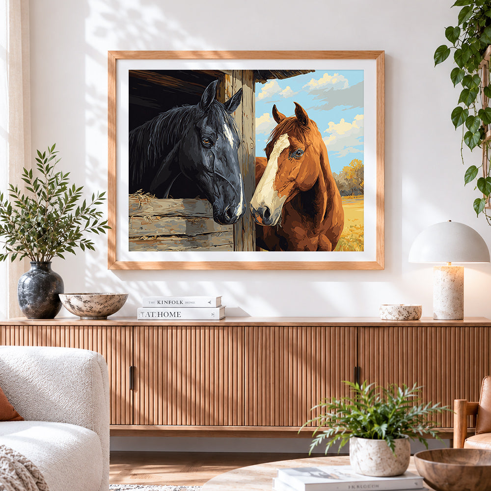 Finished black and brown horses in a stable paint by numbers artwork displayed as home decor