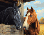 Black and brown horses in a stable paint by numbers kit for beginners