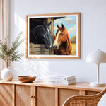 Black and brown horses in a stable paint by numbers artwork displayed on wall as home decor