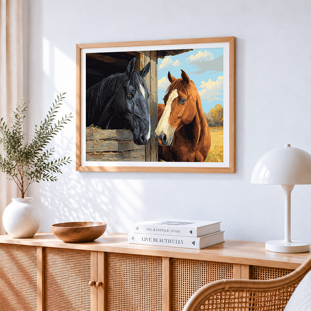 Black and brown horses in a stable paint by numbers artwork displayed on wall as home decor