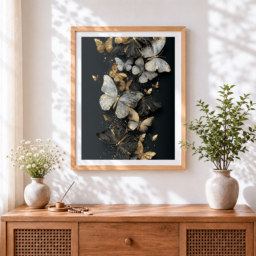 Finished black and gold butterfly swarm cross stitch artwork displayed