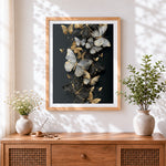 Finished black and gold butterfly swarm cross stitch artwork displayed
