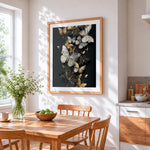 Black and gold butterfly swarm cross stitch artwork displayed on wall as home decor