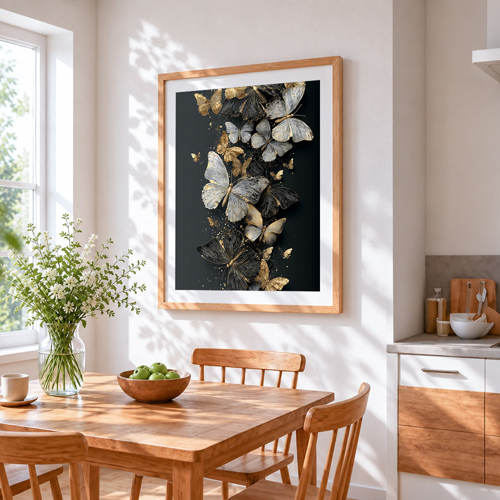 Black and gold butterfly swarm cross stitch artwork displayed on wall as home decor