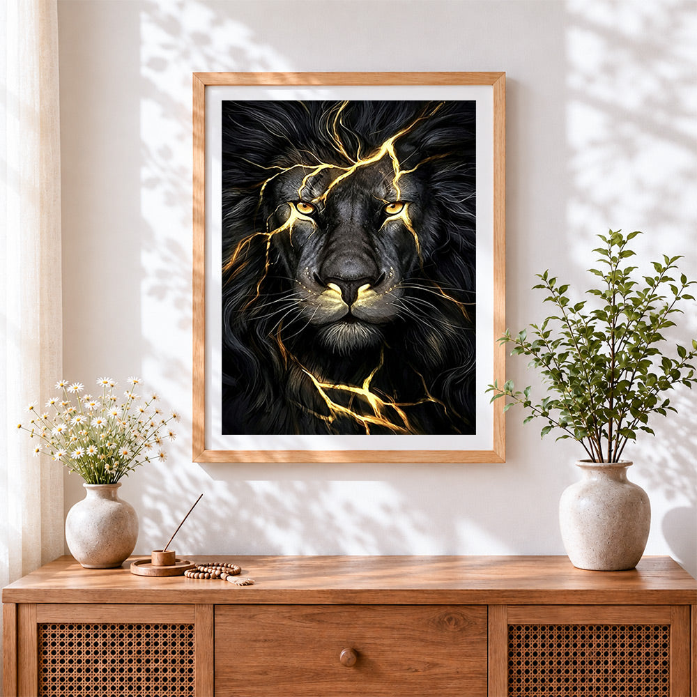 Finished black and gold lightning lion cross stitch artwork displayed