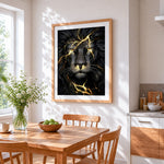 Black and gold lightning lion cross stitch artwork displayed on wall as home decor