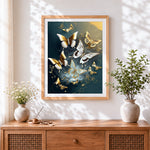 Finished black and gold ornamental butterflies cross stitch artwork displayed