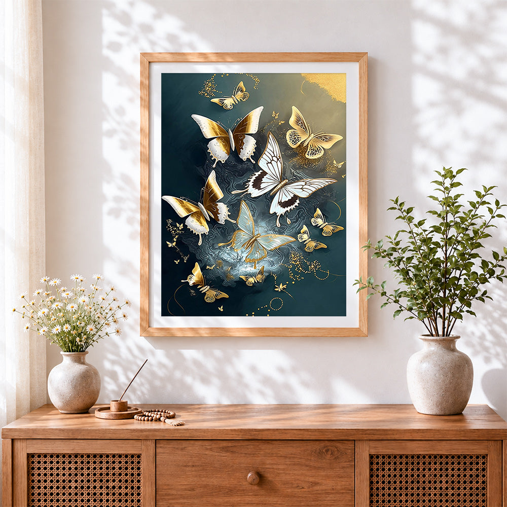 Finished black and gold ornamental butterflies cross stitch artwork displayed