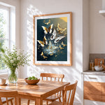 Black and gold ornamental butterflies cross stitch artwork displayed on wall as home decor