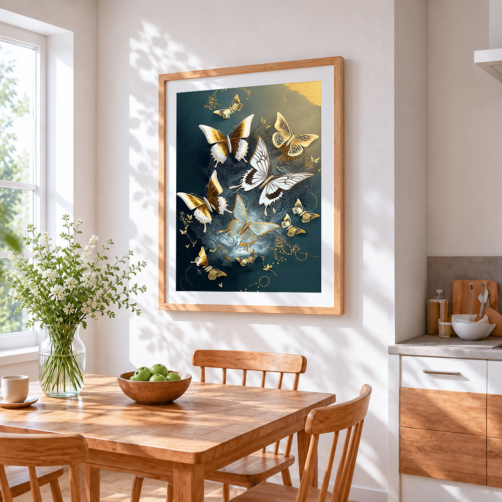 Black and gold ornamental butterflies cross stitch artwork displayed on wall as home decor
